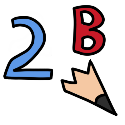 a pencil tip, with a blue numeral '2' and red letter 'B'